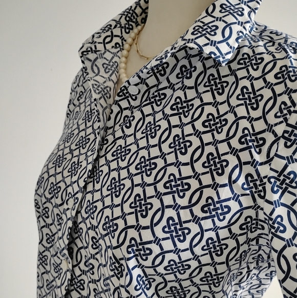 Talbots Petite Non Iron Cotton Stretch Popover Top Navy White Coastal Size 8P - Picture 9 of 16